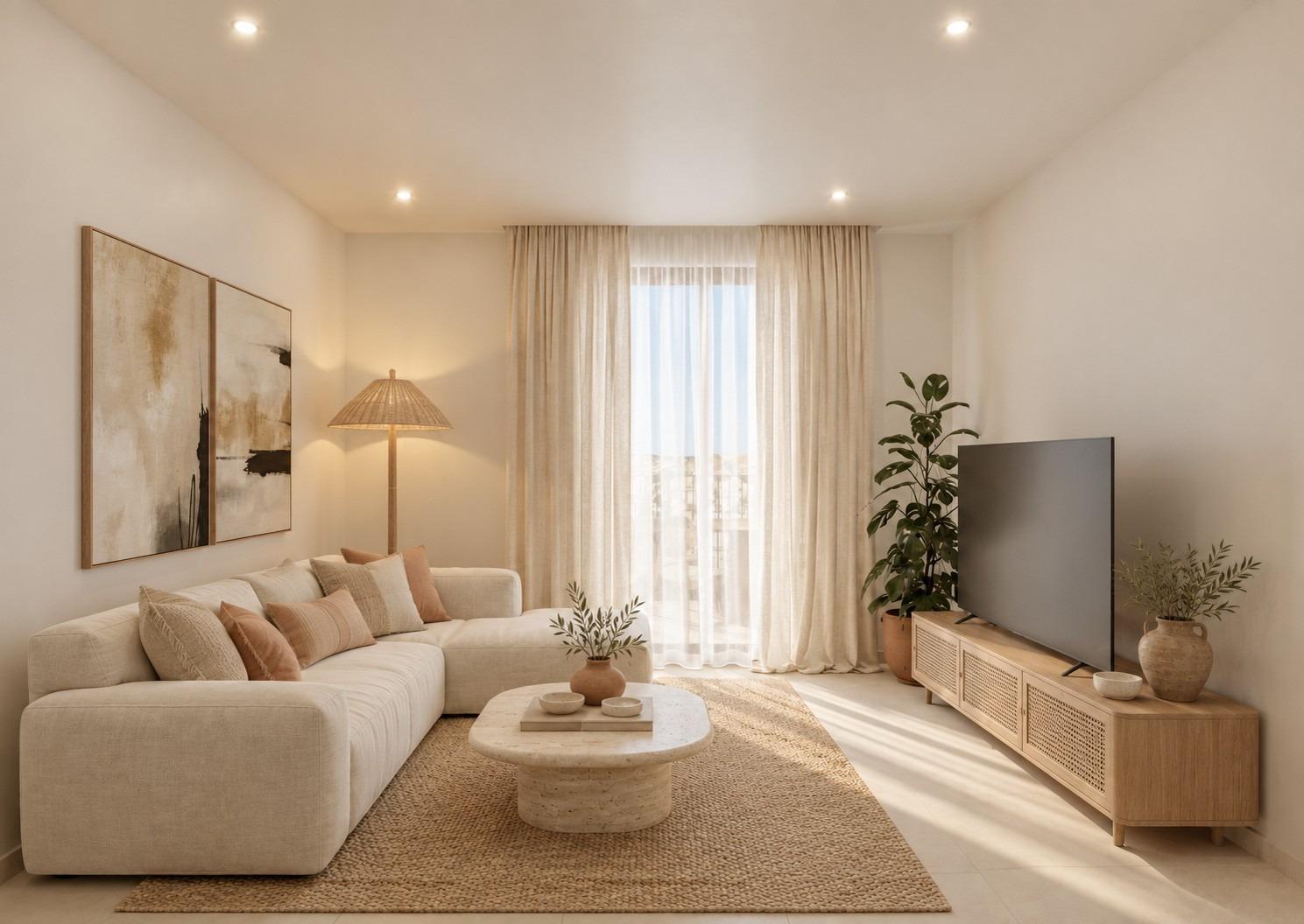 Xavia listing rendering of a light-filled living room in the Santa Pola development