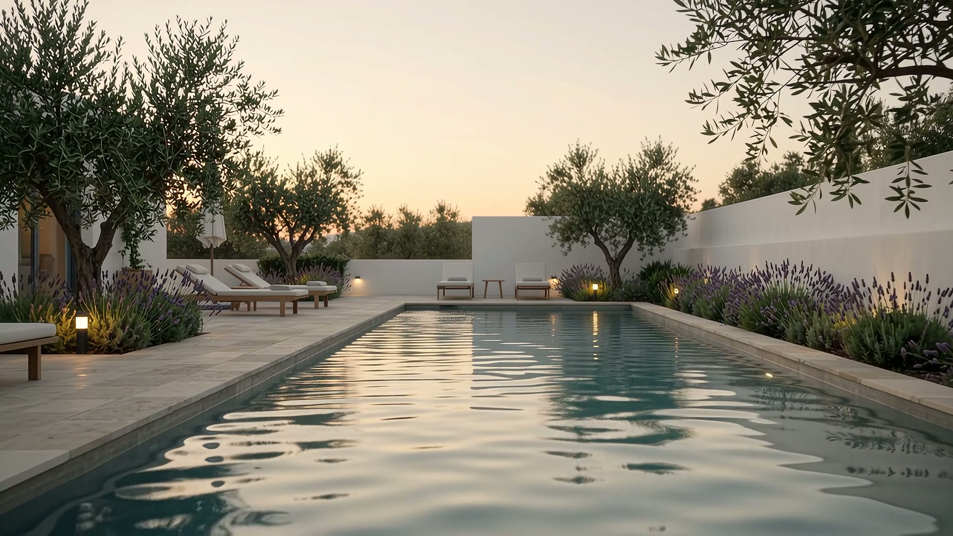 Garden pool at sunset, from a Xavia listing